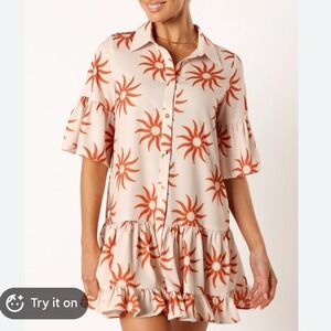 Petal & Pup Ren Soleil Sun Print Mini Dress Ruffle Bell Sleeve Cream Orange Med.